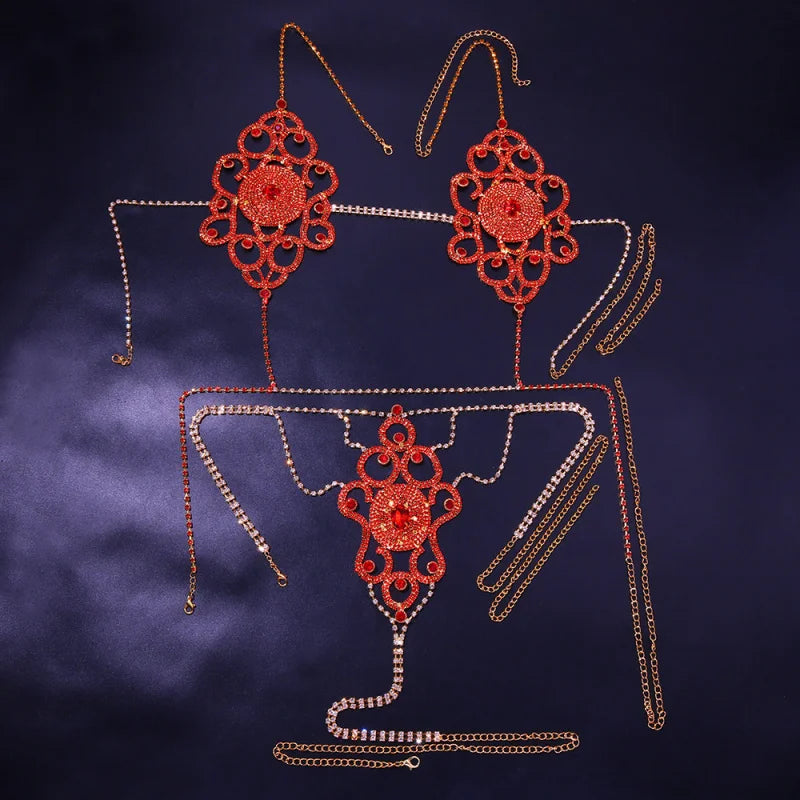 Exaggerated Red Rhinestone Floral Body Chain & Chest Harness Set
