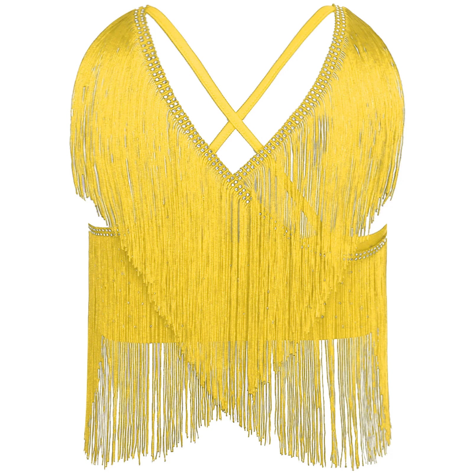 V-Neck Crisscross Back Tassel Fringe Crop Top Latin Salsa Dance Costume