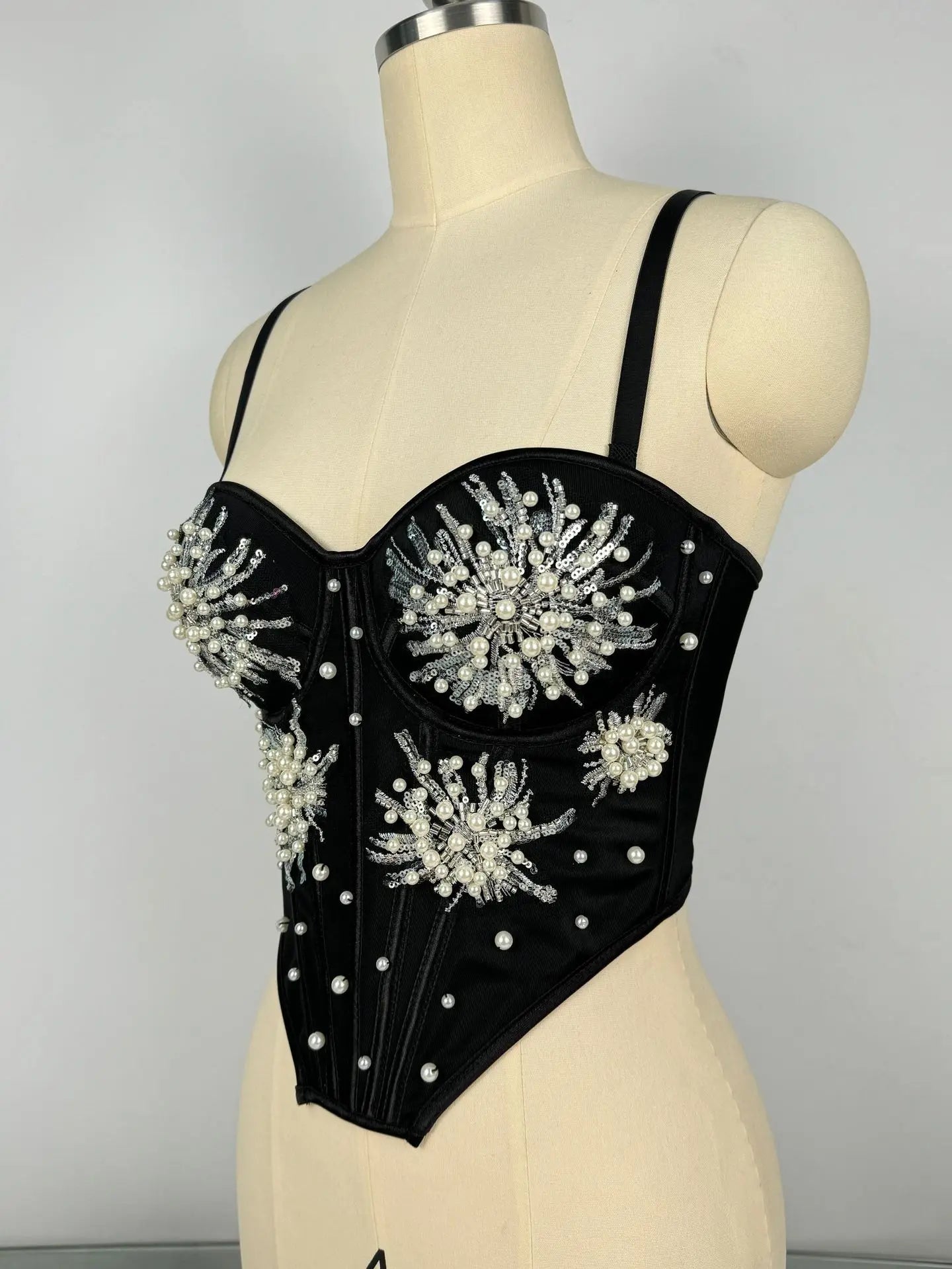 Pearl & Sequin Embroidered Floral Bustier Corset Top Asymmetric Camisole Bralette