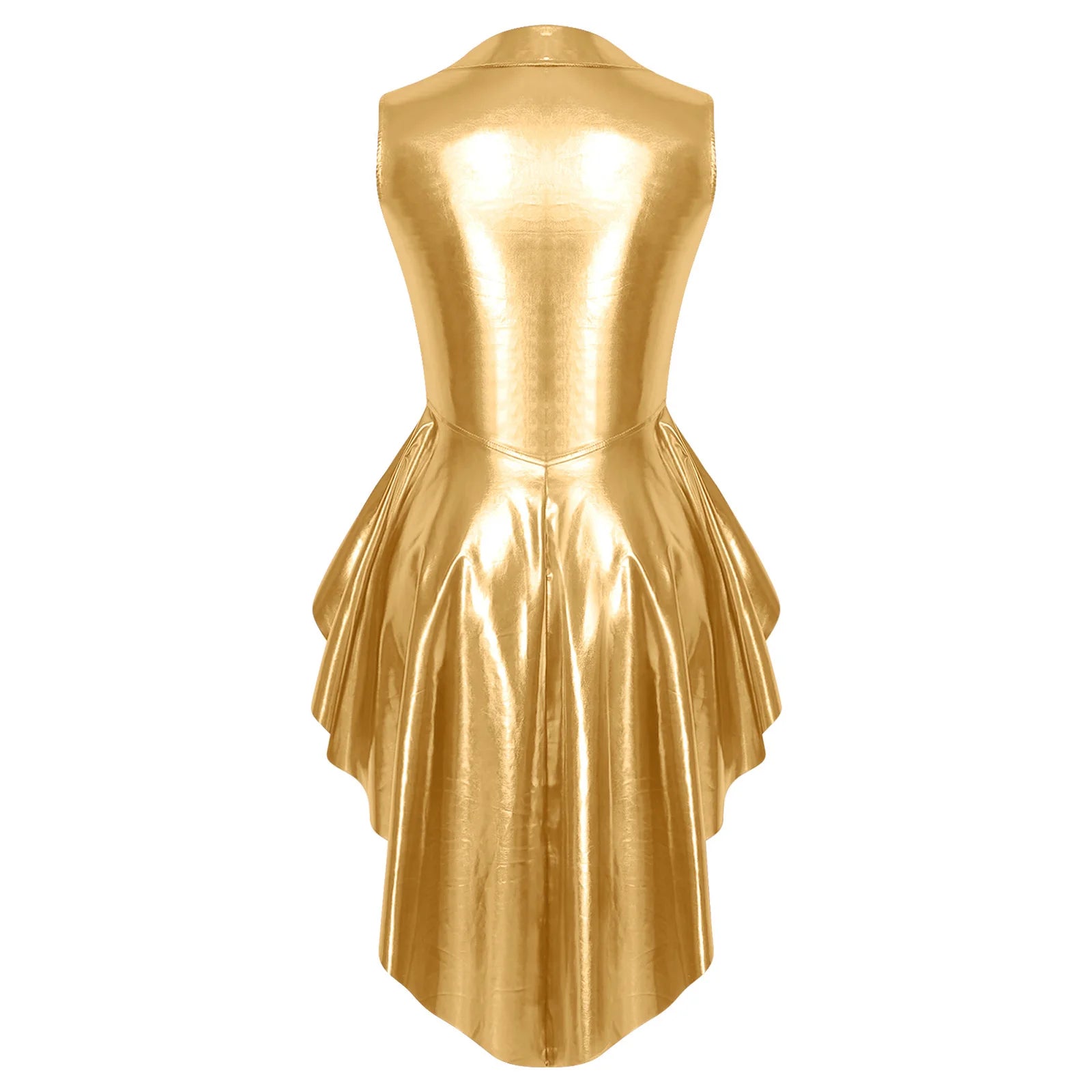 Metallic Wet-Look Sleeveless Tailcoat Jacket with Asymmetrical High-Low Hem