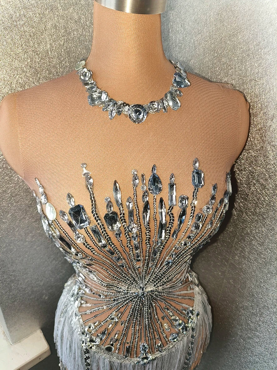 Sparkly Silver Rhinestone & Long Tassel Fringe Leotard Stage Performance Costume