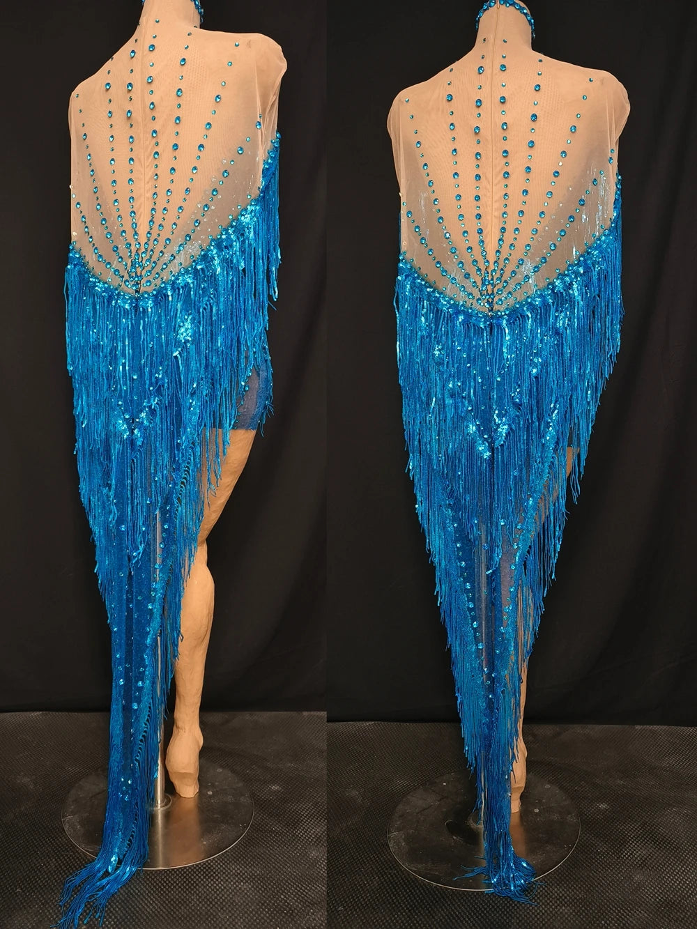 Sparkly Blue Rhinestone & Tassel Sheer Mesh Mini Dress Stage Costume