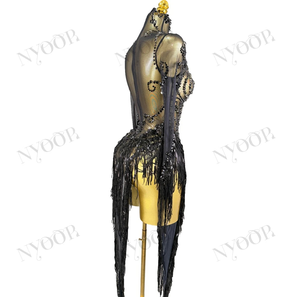 Black Rhinestone Fringe Illusion Mini Dress Sparkly Stage Dance Costume
