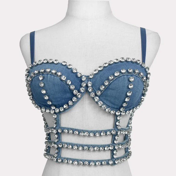 Studded Denim Bustier Crop Top Studded Punk Style Stage Costume Top