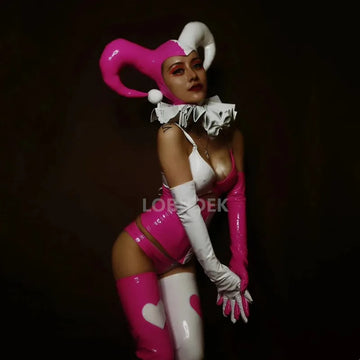 Pink Faux Leather Bikini, Furry Horns & Thigh-High Leg Covers 4-Piece Cosplay Stage Costume Set