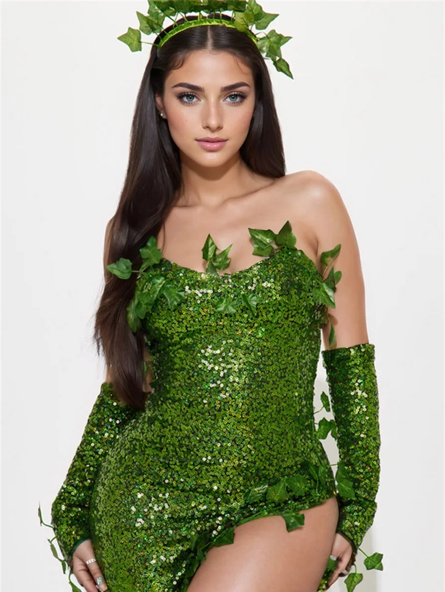 Deluxe Poison Ivy Green Sequin Maxi Gown & Glove Set 3-Piece Halloween Cosplay Costume