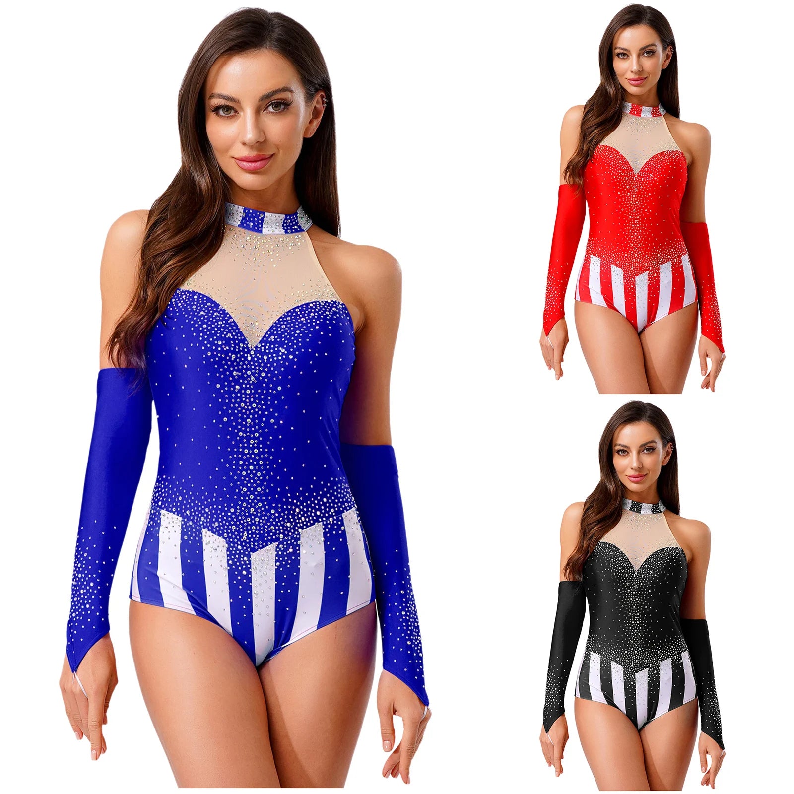 Circus Ringmaster Rhinestone Striped Leotard & Fingerless Gloves Costume Set