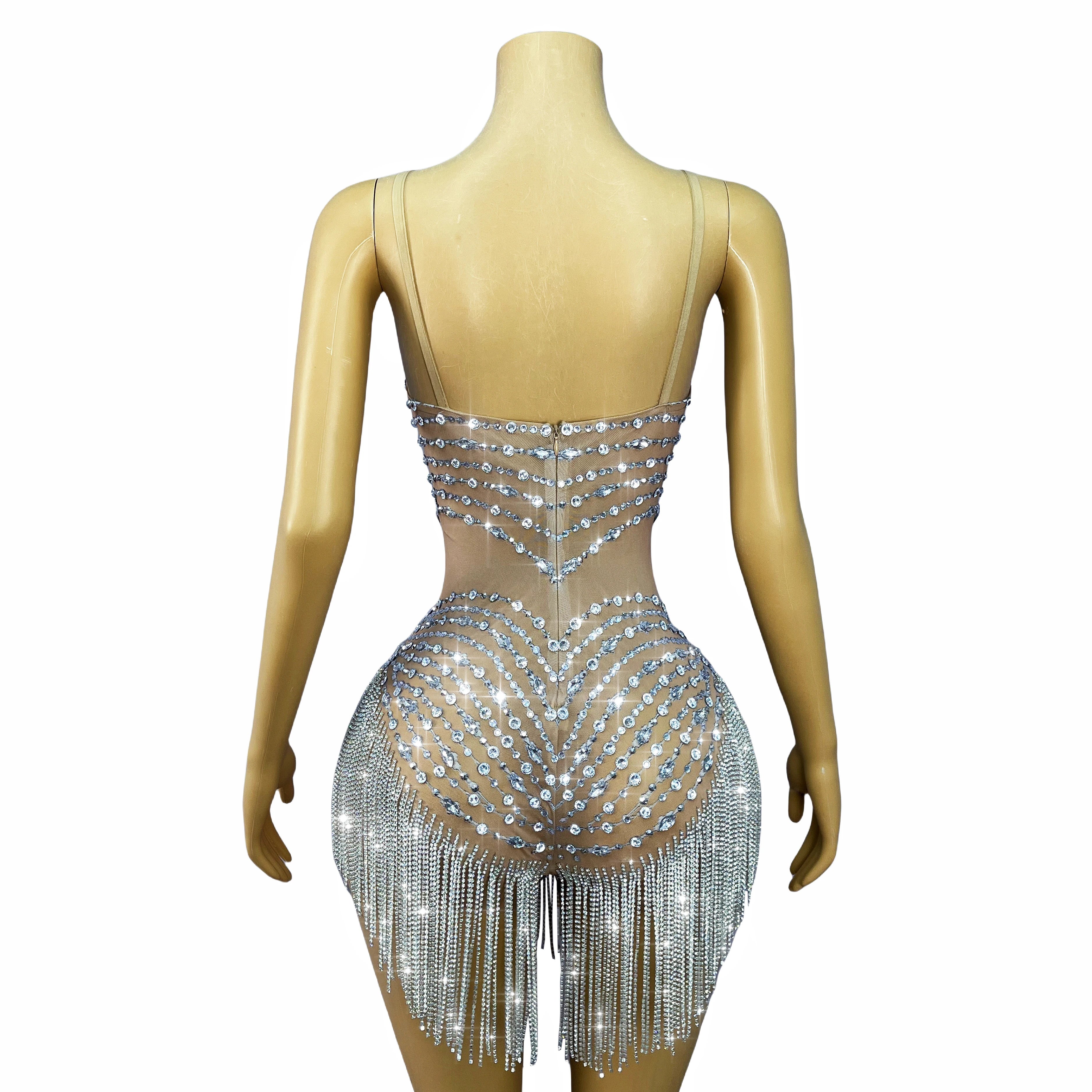 Flashing Crystal Rhinestone Chain Sheer Nude Mesh Stage Bodysuit Dance Leotard