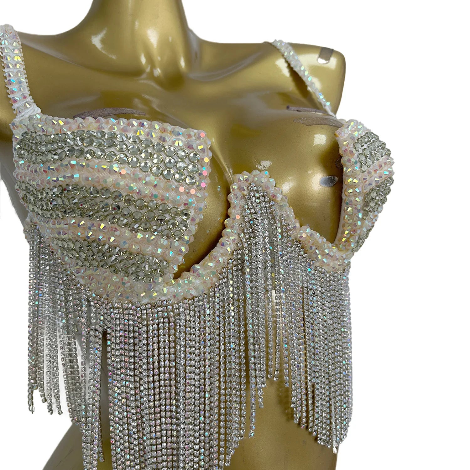 Rhinestone Tassel Bra Top & High-Waist Hollow-Out Shorts 2-Piece Costume Set