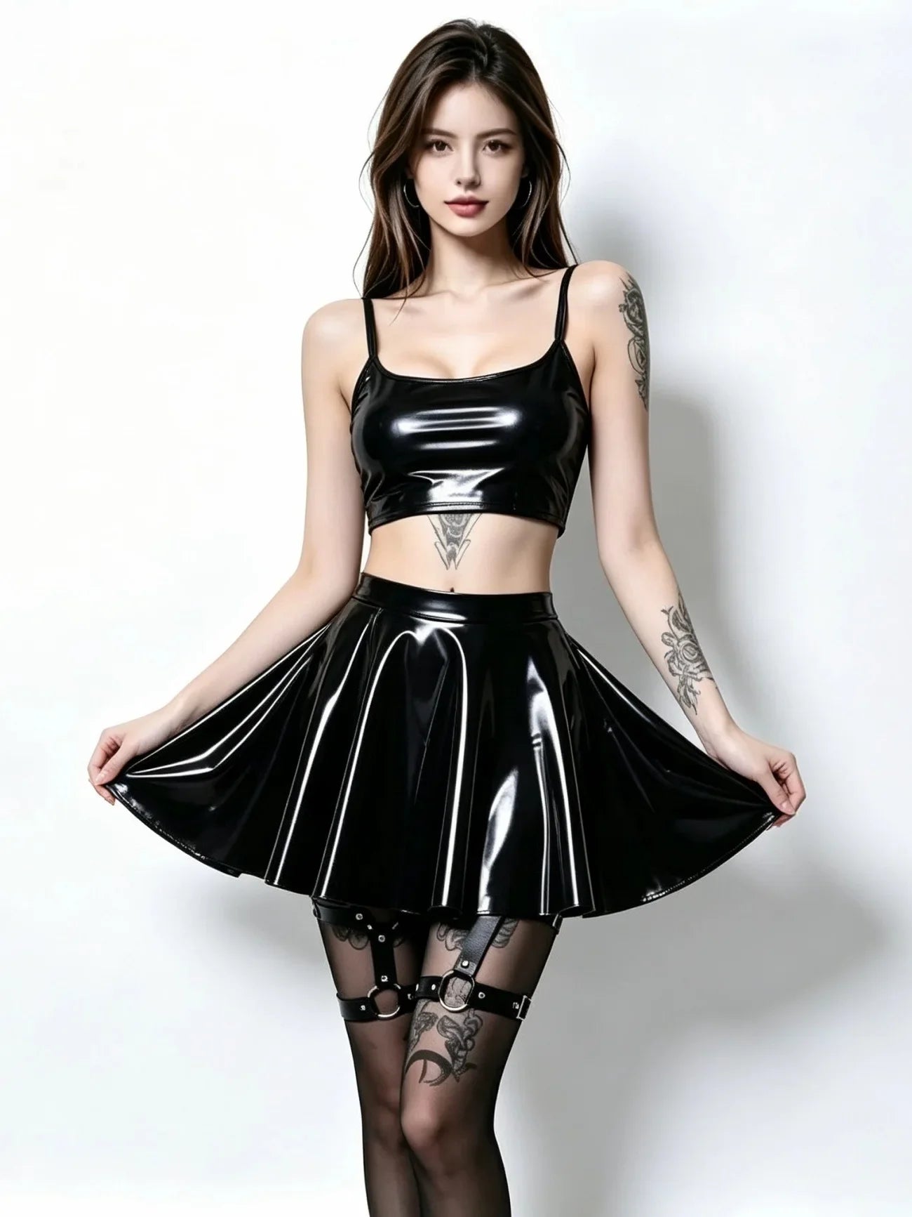 Fashion Women Gothic Style PU Skirt One Pieces Skirts PVC Shiny Flared Pleated  Mini A Line Skirts Street Maid Ruffled Skirt
