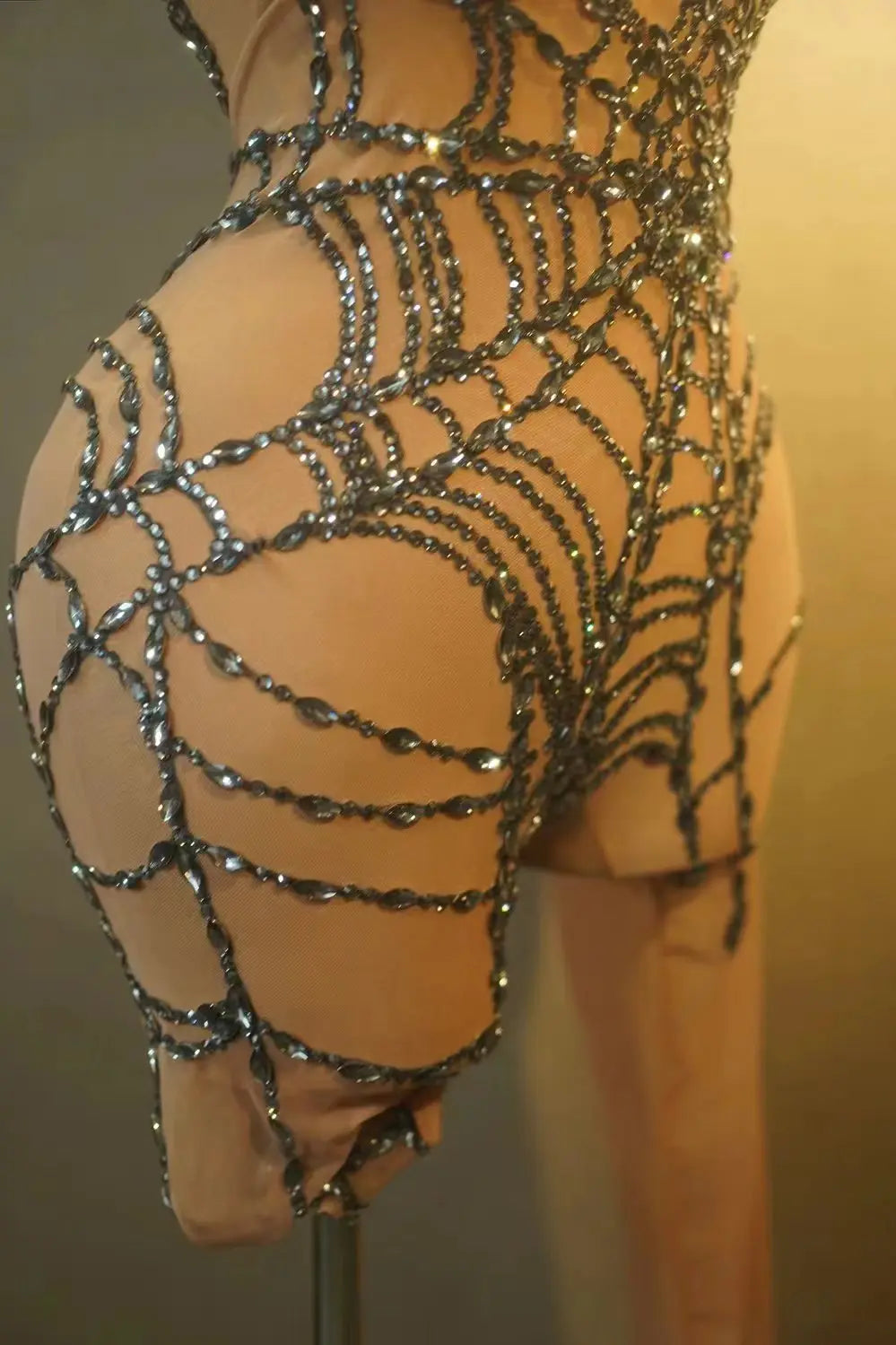 Sparkly Silver Rhinestone Spider Web Mesh Stage Performance Costume Set