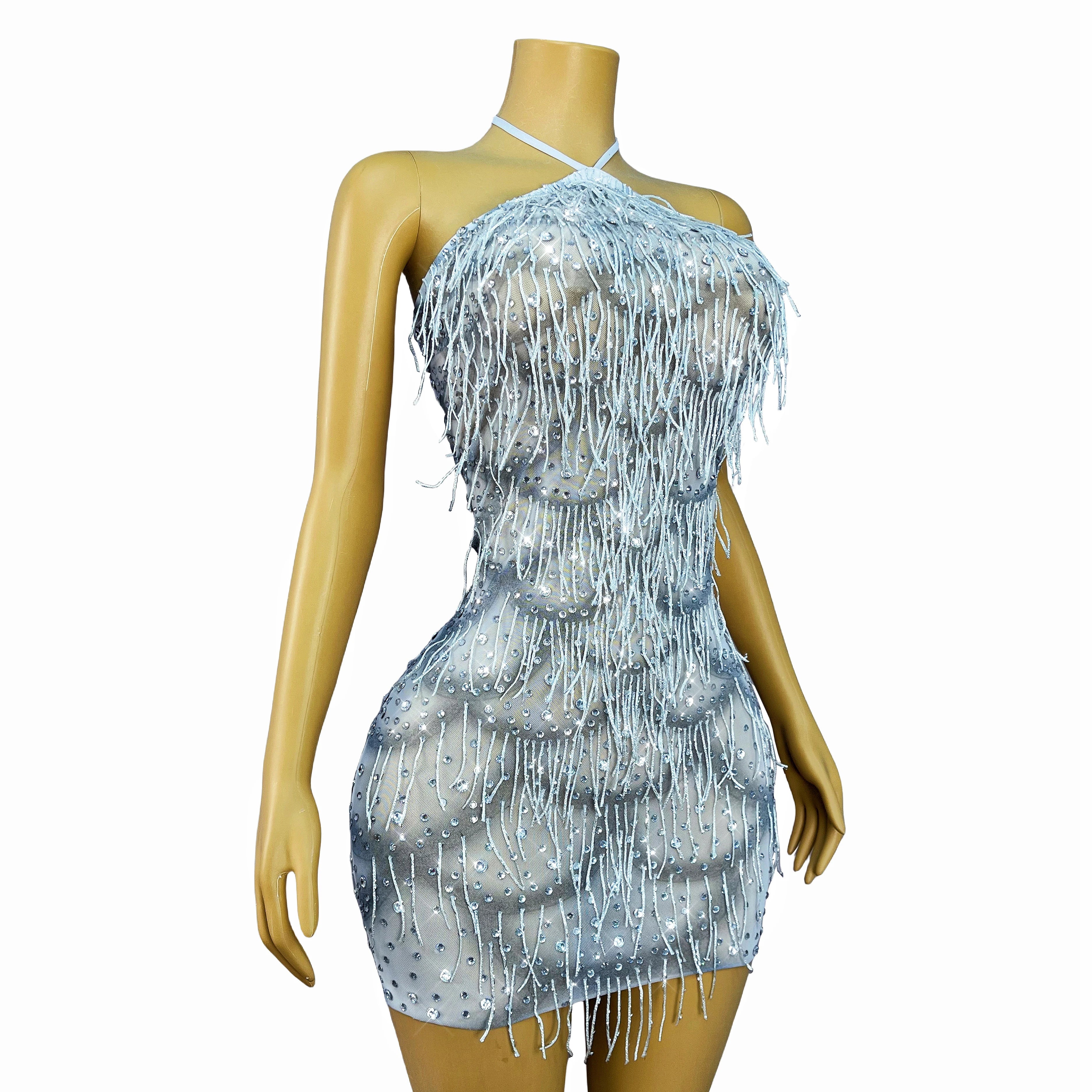 Silver Rhinestone Tassel Backless Stage Performance Mini Dress Party Gown