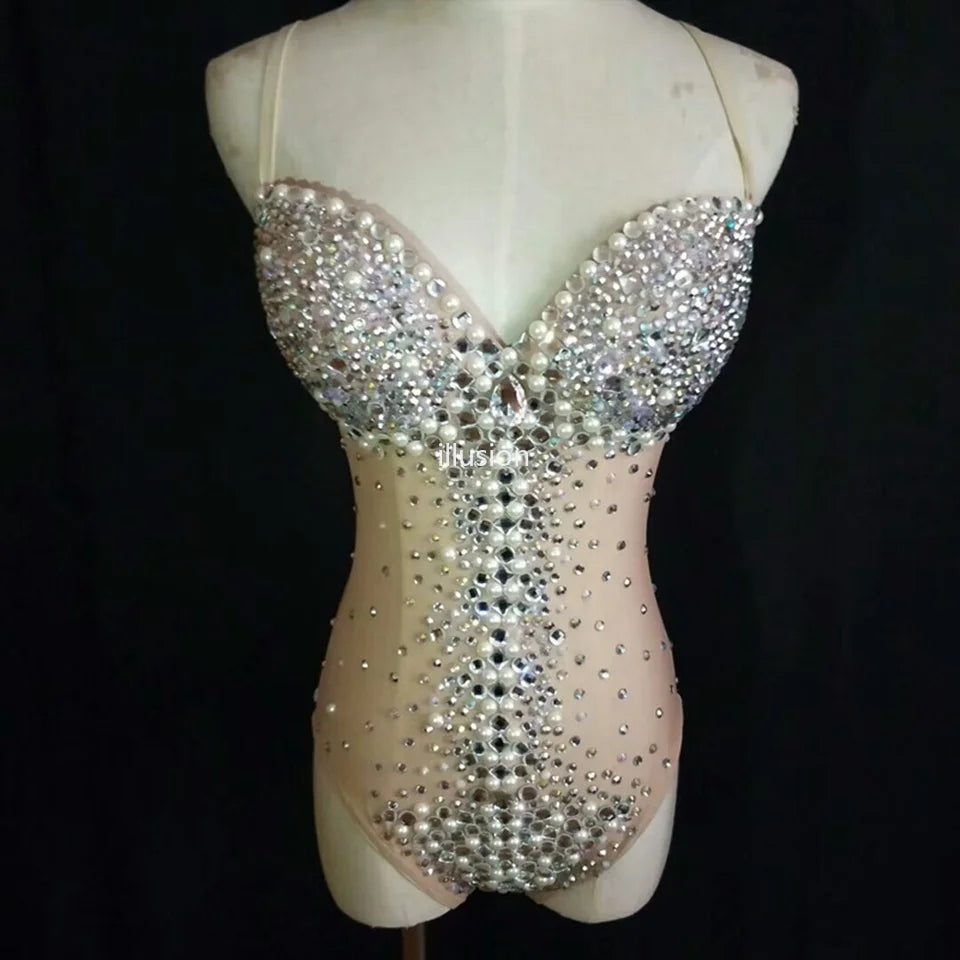 Sparkly Silver Crystal Rhinestone Mesh Leotard Stage Performance Costume