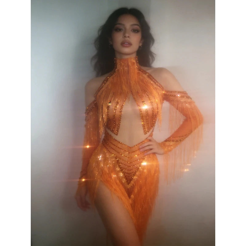 Sparkly Rhinestone Sequin Tassel Dress – Women's Sexy Birthday, Stage & Dance Performance Costume