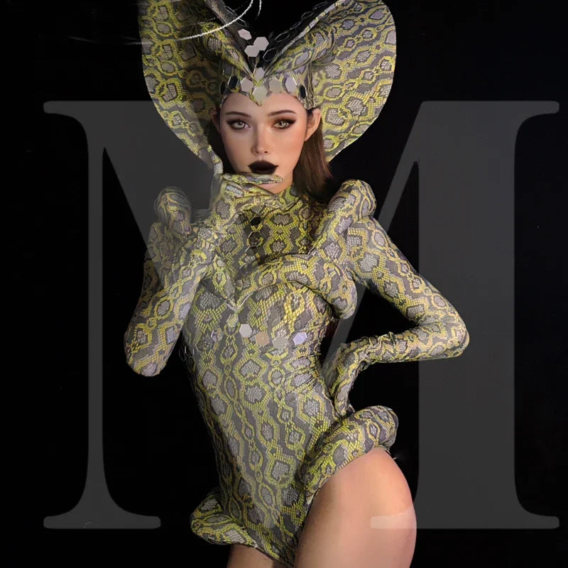 Cobra Serpent Rhinestone Bodysuit & Sculpted Cobra Hood Headdress Stage Costume Set