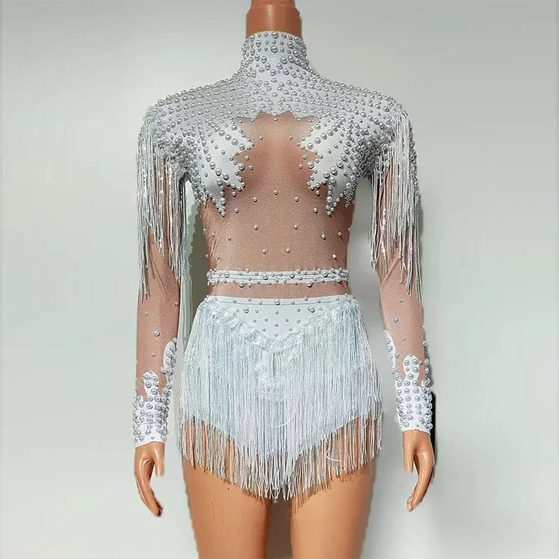 Pearl Tassel Long-Sleeve Performance Bodysuit