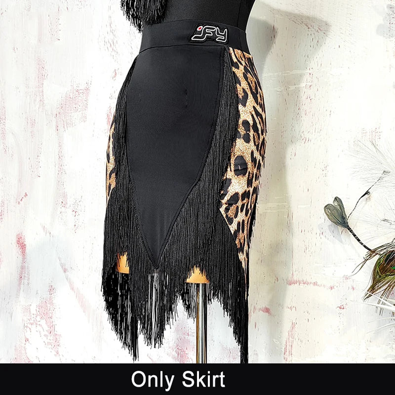 Black Open-Back Leotard & Leopard Print Fringe Skirt Latin Dance Costume Set