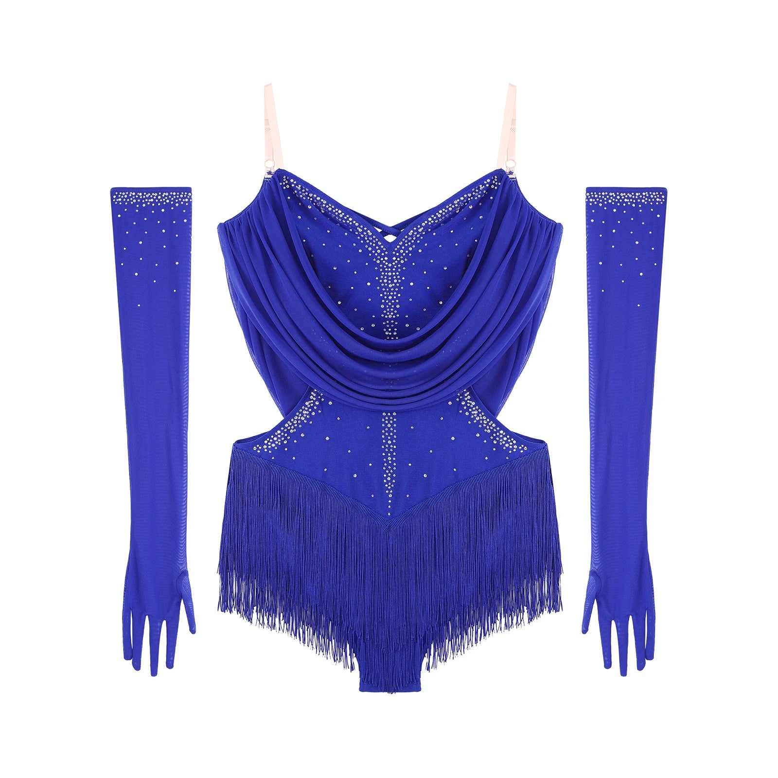 Sparkly Rhinestone & Tassel Fringe Dance Leotard with Gloves Two-Piece Stage Costume