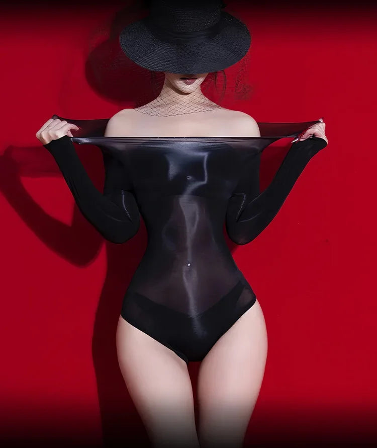 Sexy Women 5D 912 PIN Oil Glossy Shiny High Cut Bodysuit Sheer See Through Yoag Shapping Tight Stain Smooth Elastic Maid Leotard