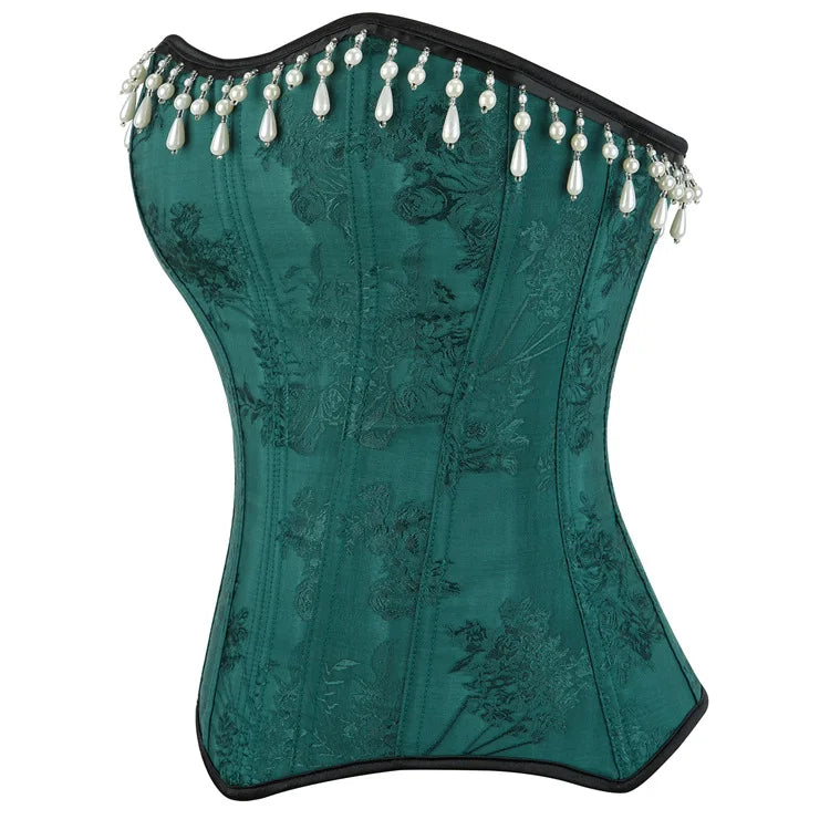 Green Floral Jacquard Overbust Corset Pearl Tassel Trim Bustier Top