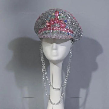 Pink & Silver Rhinestone Captain Hat Drag Queen & Showgirl Stage Headwear