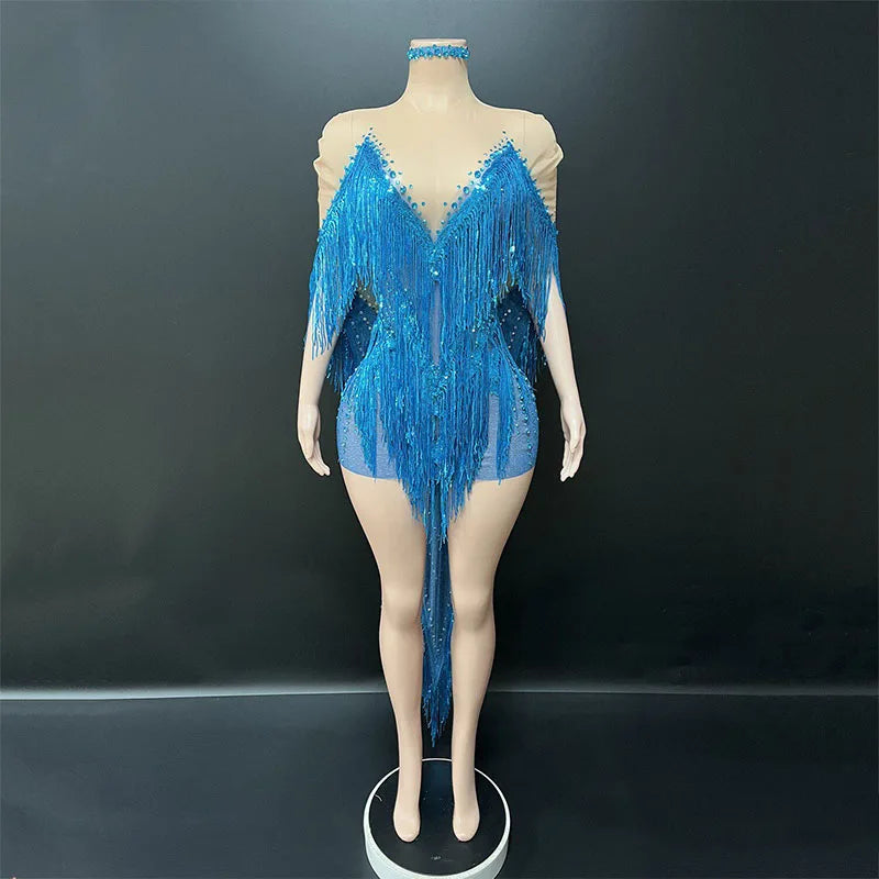 Blue Glitter Fringe Mini Dress Singer & Gogo Stage Performance Costume