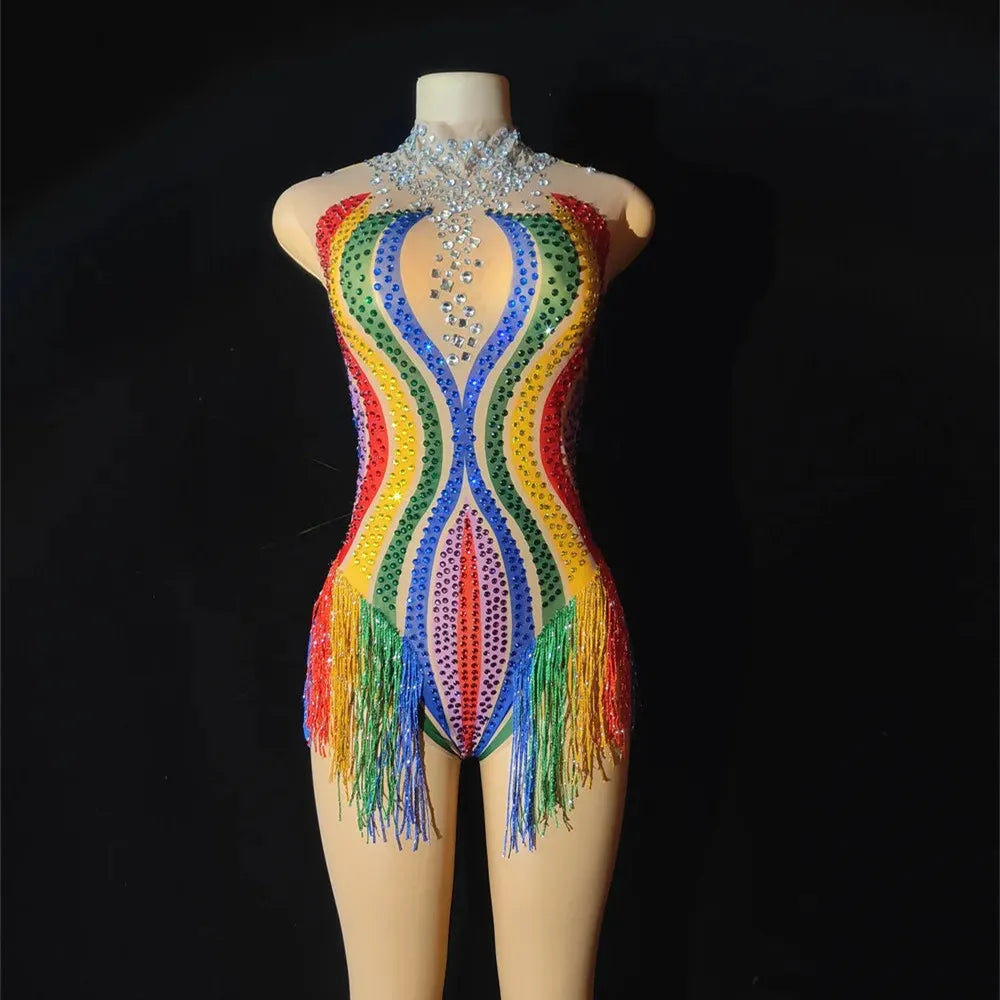 Rainbow Stripe Rhinestone Fringe Bodysuit Colorful Crystal Stage Dance Leotard