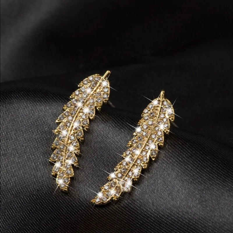 Crystal Leaf Feather Ear Climbers