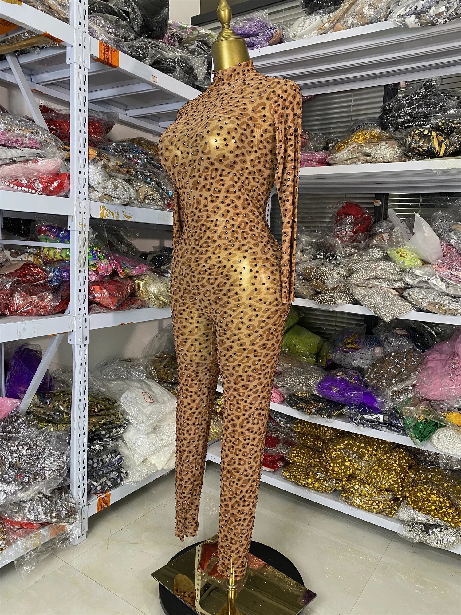 Leopard Print Rhinestone Catsuit Long Sleeve Stage Performance Jumpsuit