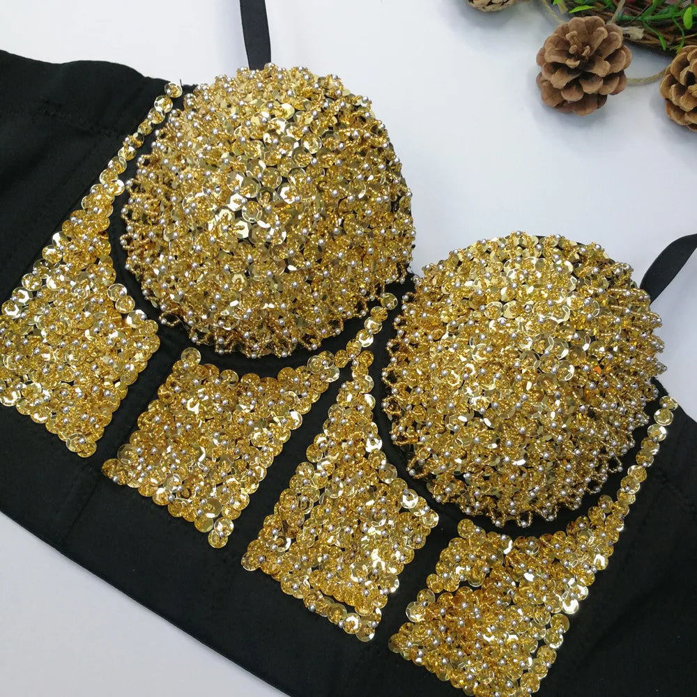 Gold Beaded Sequin Embroidery Bustier Corset Crop Top Party Bralette