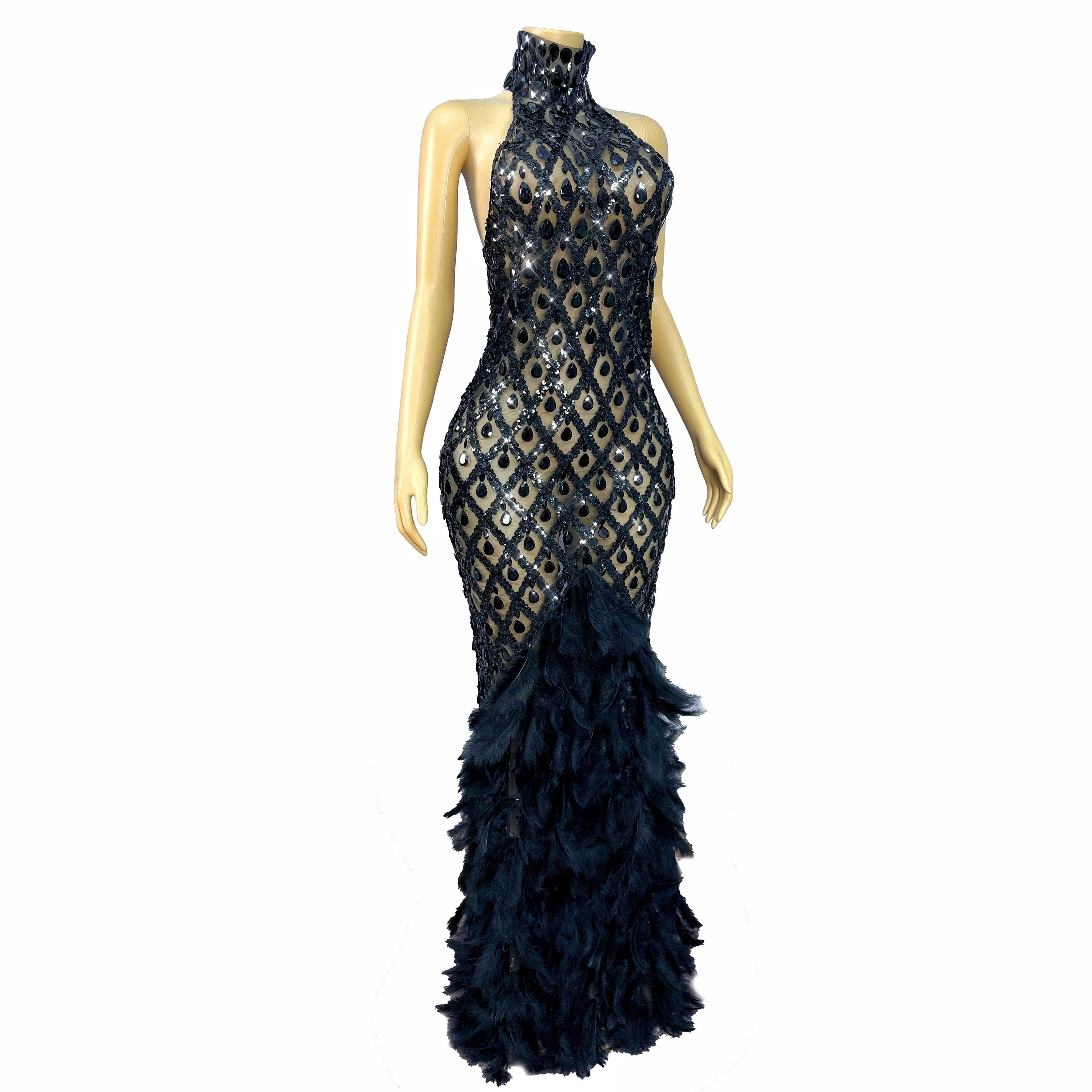 Sparkly Rhinestone Feather Sheer Mesh Evening Gown Stage Fashion Show Outfit