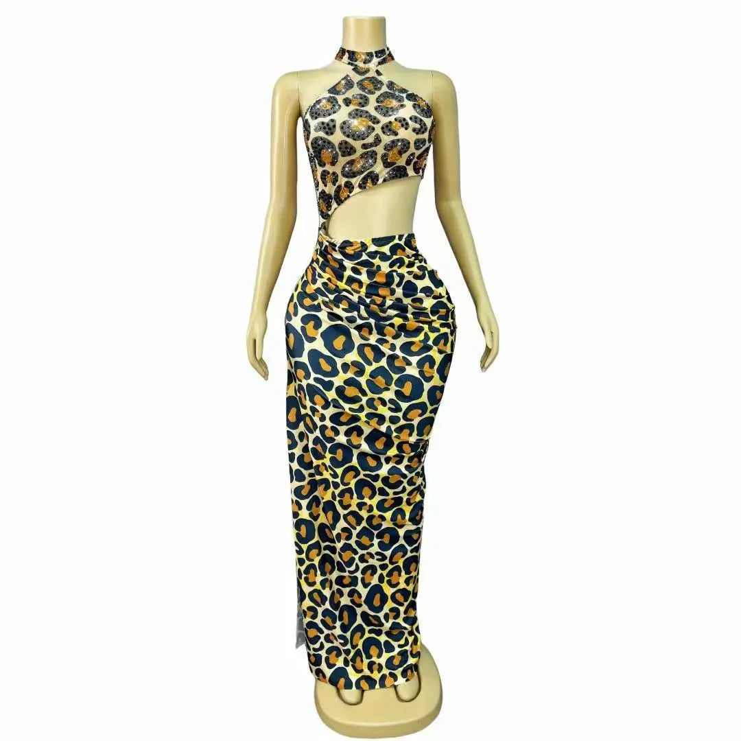 Leopard Print Rhinestones High Split Bodycon Dress Evening Party Stage Performance Outfit