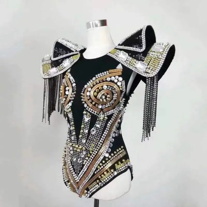 Sparkly Crystal & Rhinestone Armor Bodysuit & Dress Stage Performance Costume