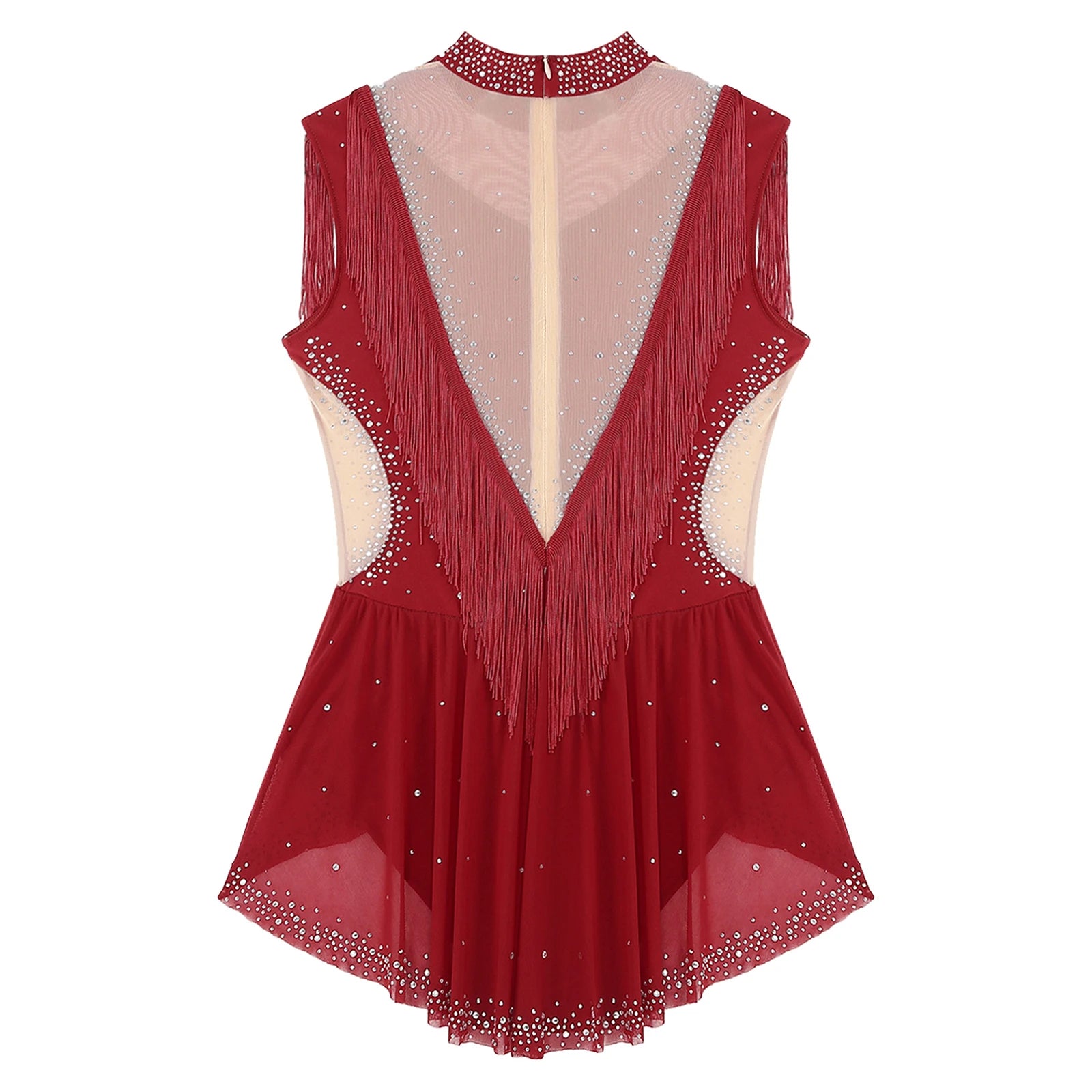 Rhinestone Mock Neck Mesh Tassel Leotard