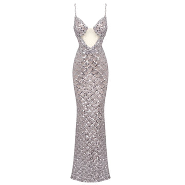 Silver Sequin Plunge Backless Maxi Dress