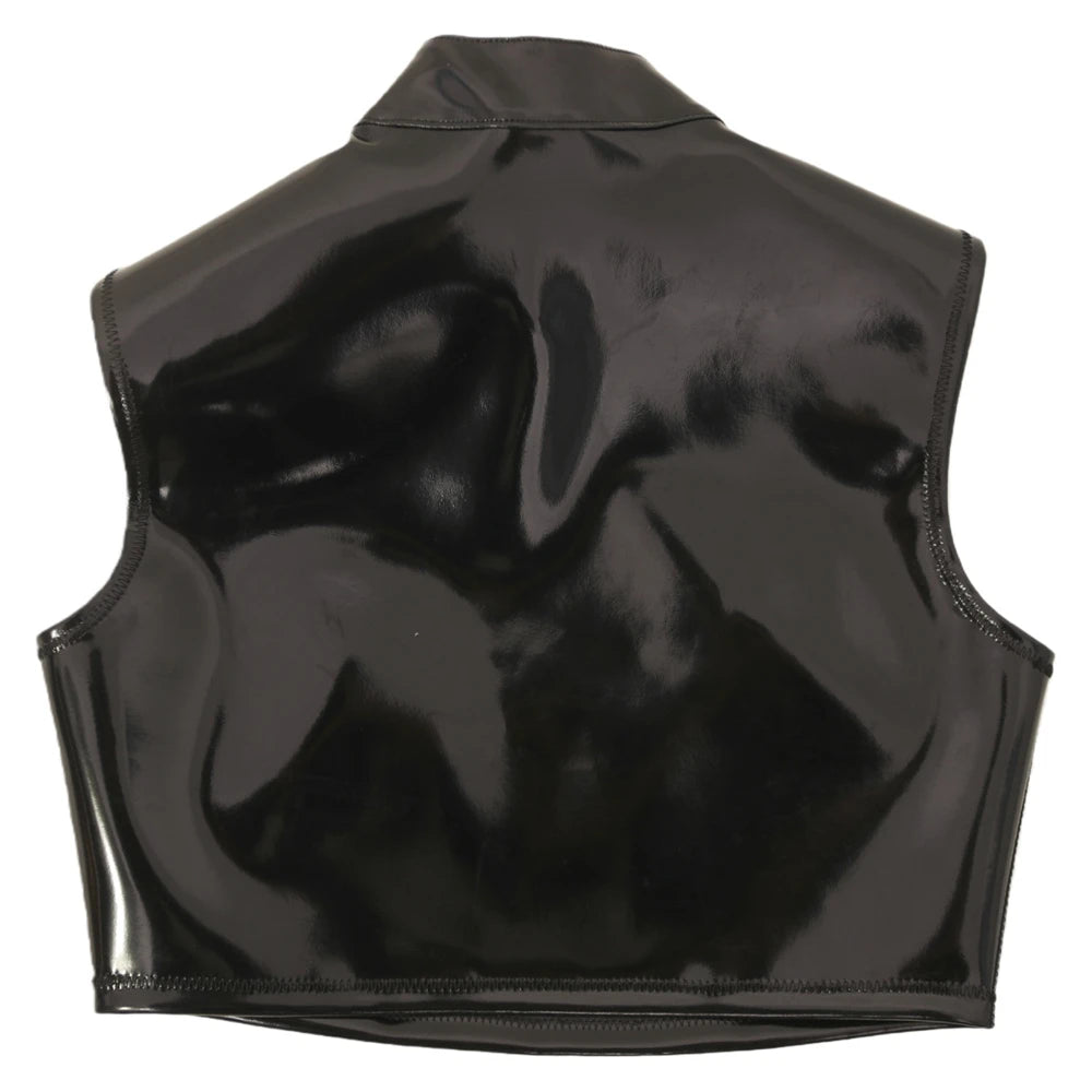 Sexy Women Double Sided Cheongsam Tank Top PU Faux Latex Leather Short Top PVC Elastic Glossy Shiny Stage Dance Wear Plus