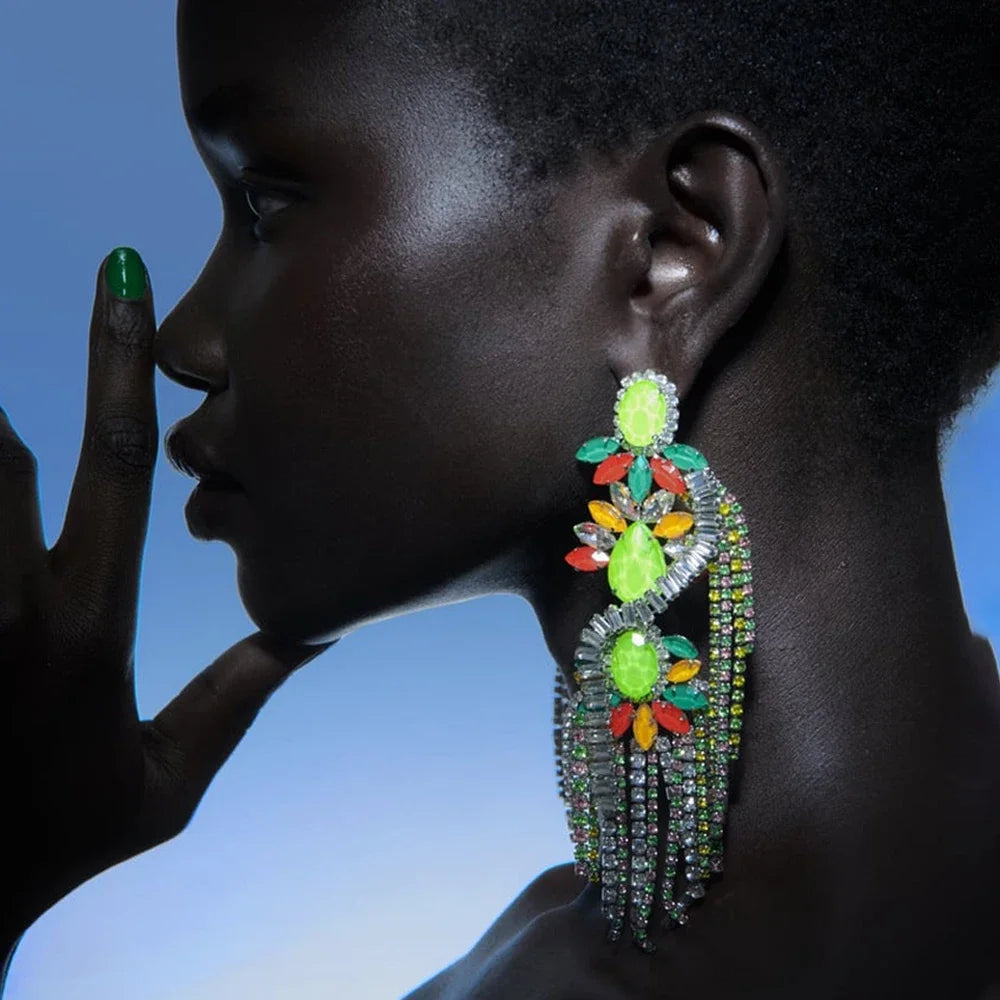 Colorful Rhinestone Tassel Statement Earrings