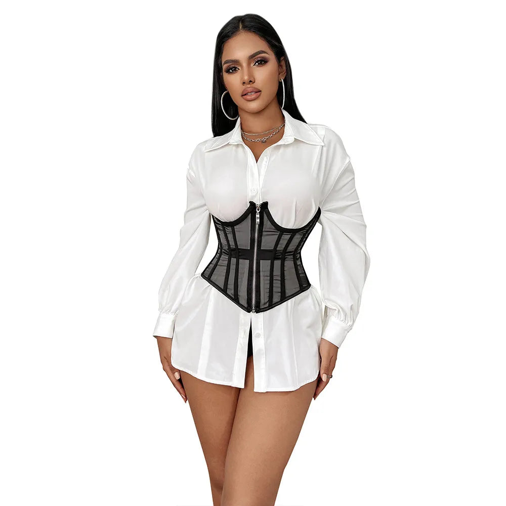 Transparent Sheer Mesh Underbust Corset Zipper Front Boned Waist Cincher Top