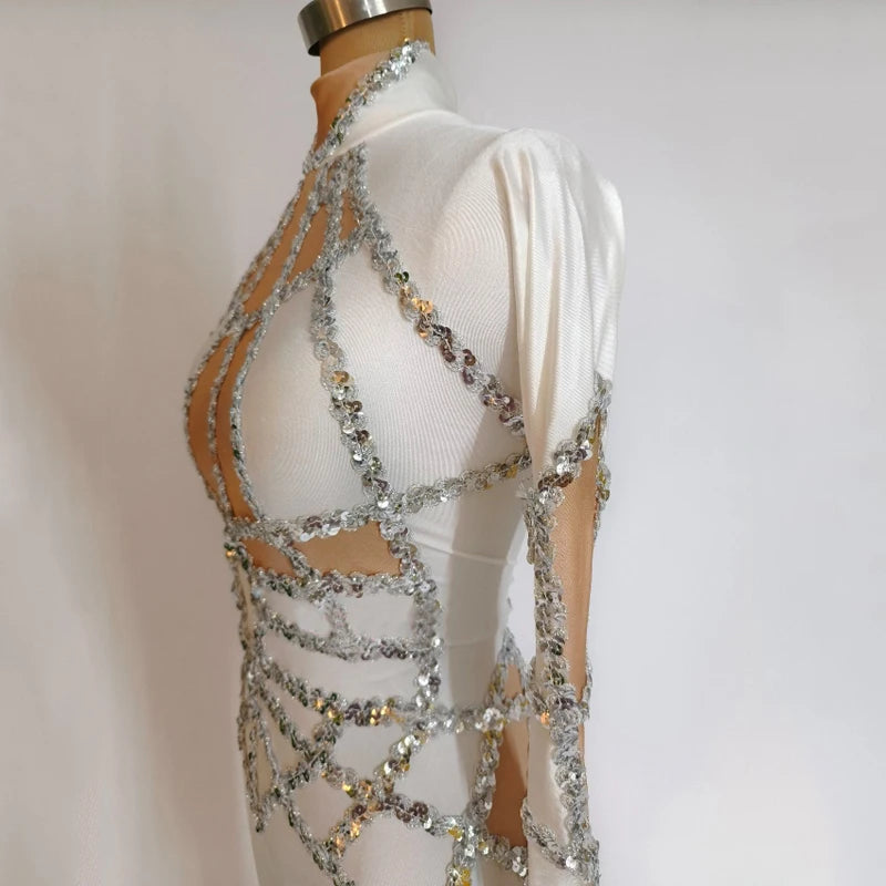 White Sequin Stretch Performance Jumpsuit