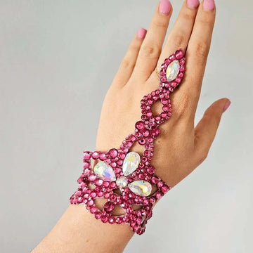 Rhinestone Crystal Cuff Bracelet with Hand Chain Ring – Ballroom & Latin Dance Jewelry for Women