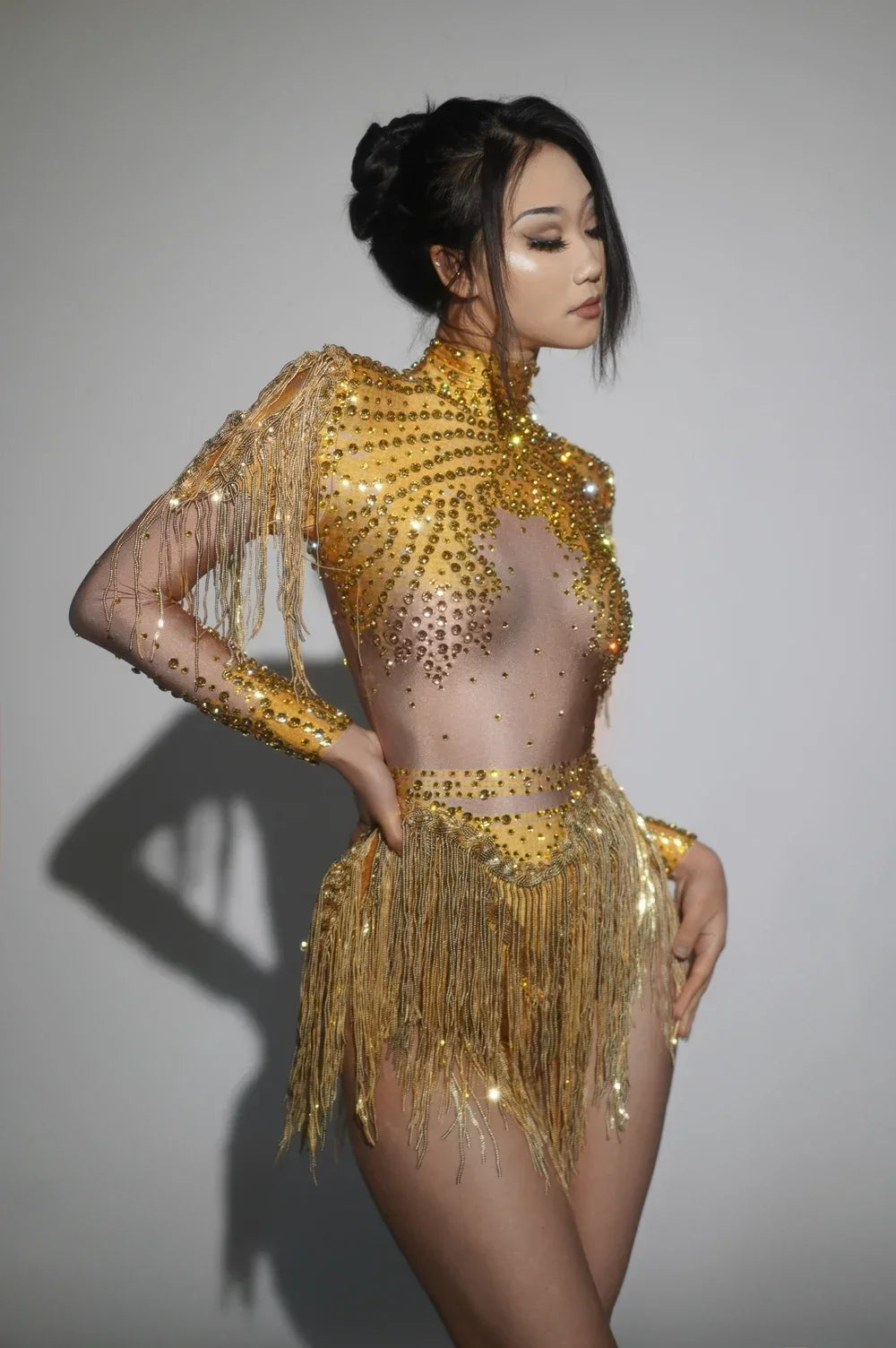 Sparkly Rhinestone Sequin Fringe Stage Bodysuit Performance Dance Leotard