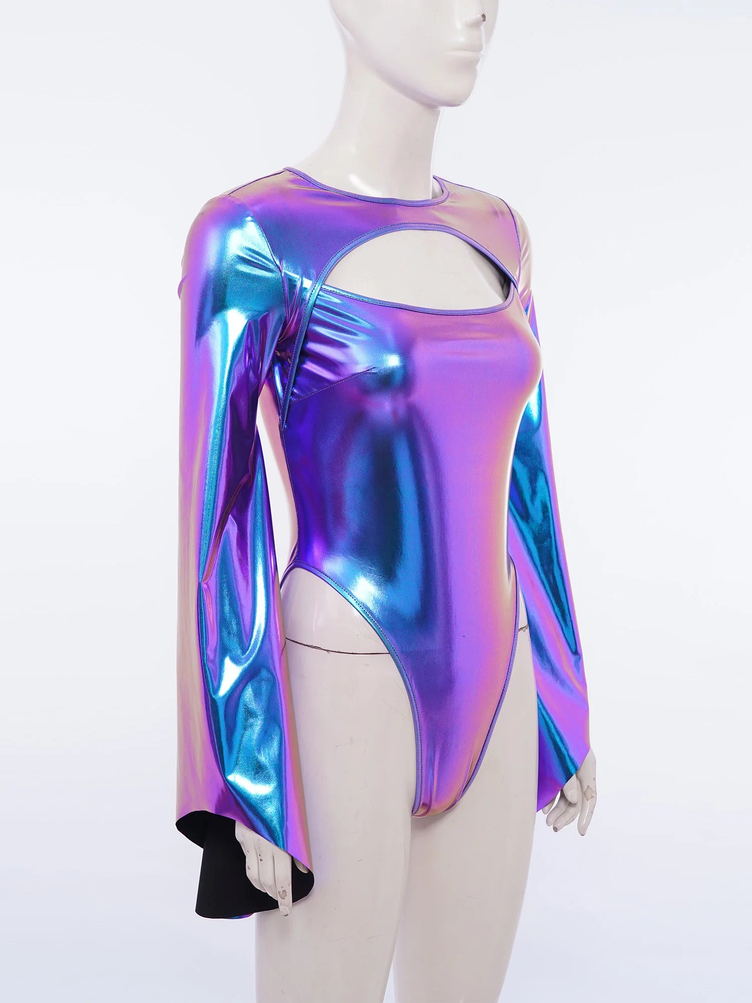 Metallic Flared Sleeve Cutout Disco Bodysuit & Metallic Rave Leotard