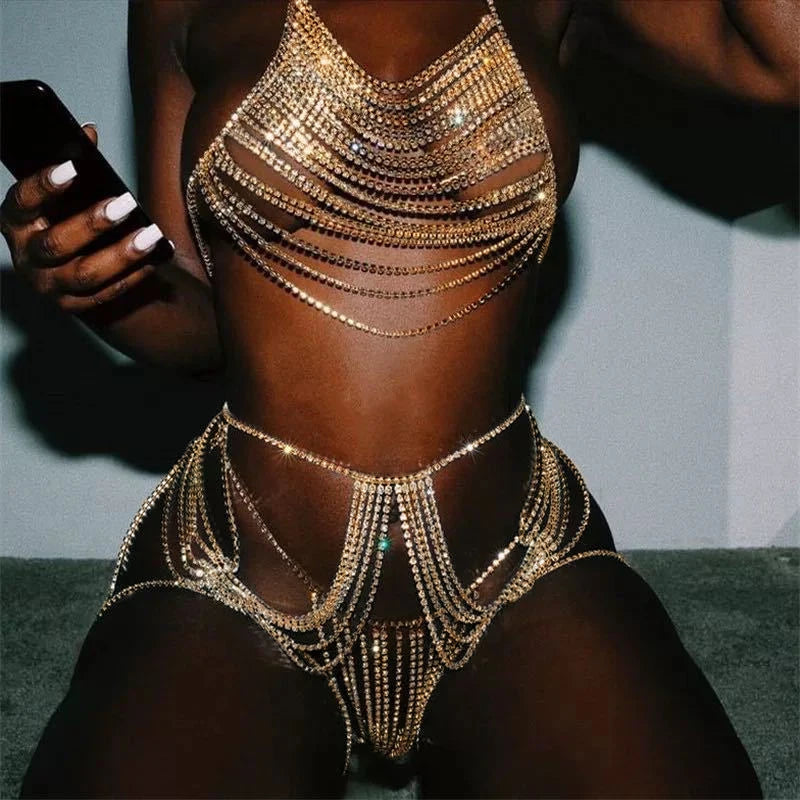 Layered Rhinestone Bra, Waist Chain & Body Jewelry