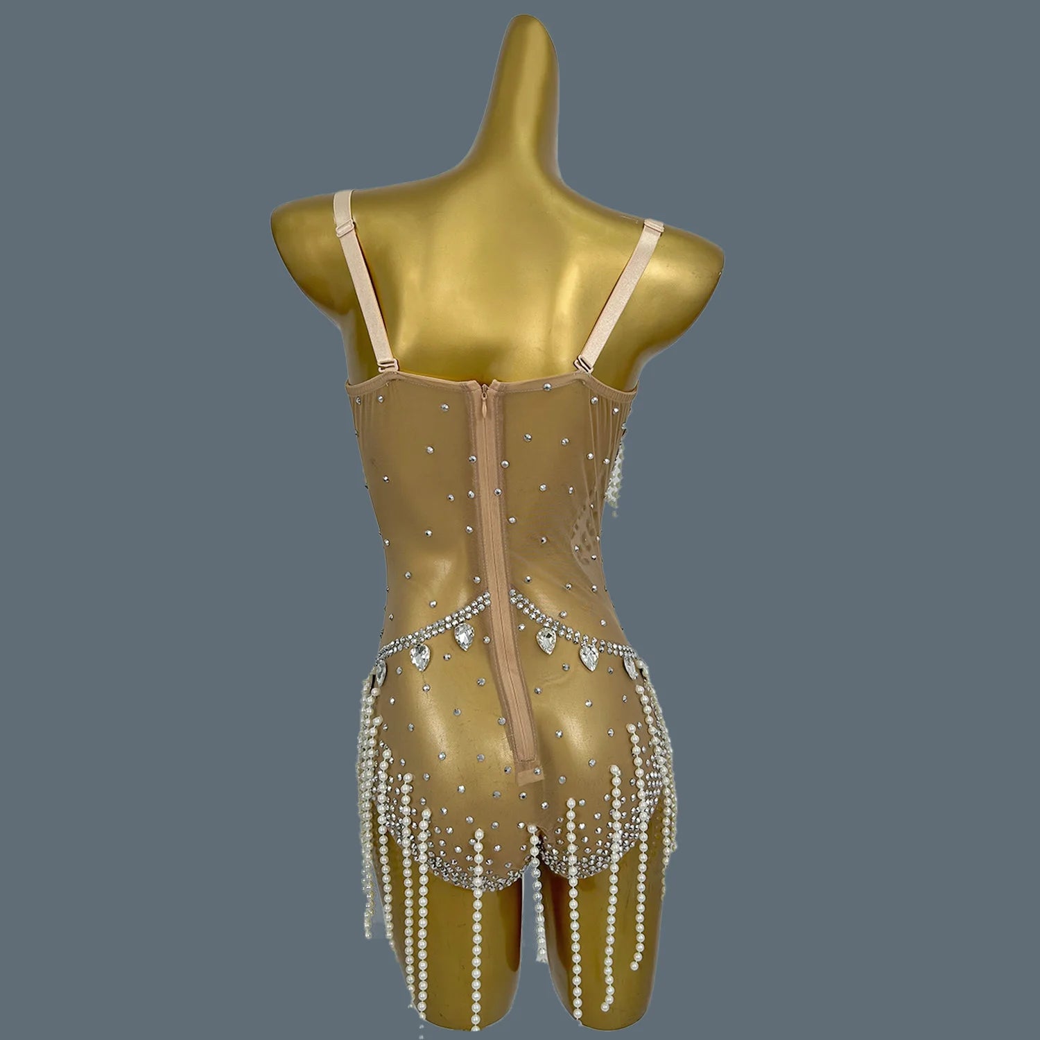 Nude Sheer Mesh Rhinestone Pearl Tassel Bodysuit Stage Performance Leotard