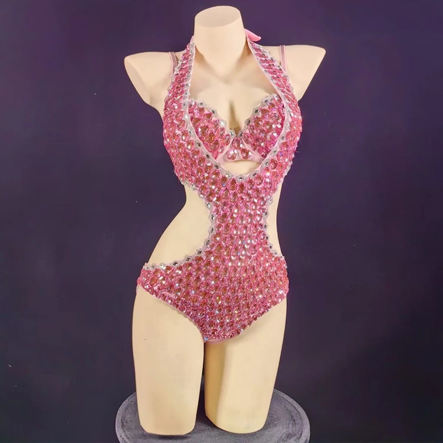 Luxury Rhinestone & Crystal Beaded Halter Bikini Stage Bodysuit