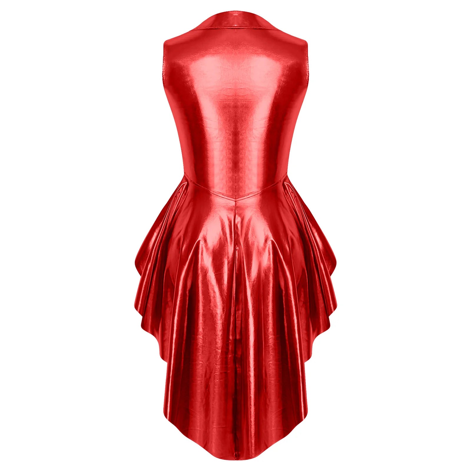 Metallic Wet-Look Sleeveless Tailcoat Jacket with Asymmetrical High-Low Hem