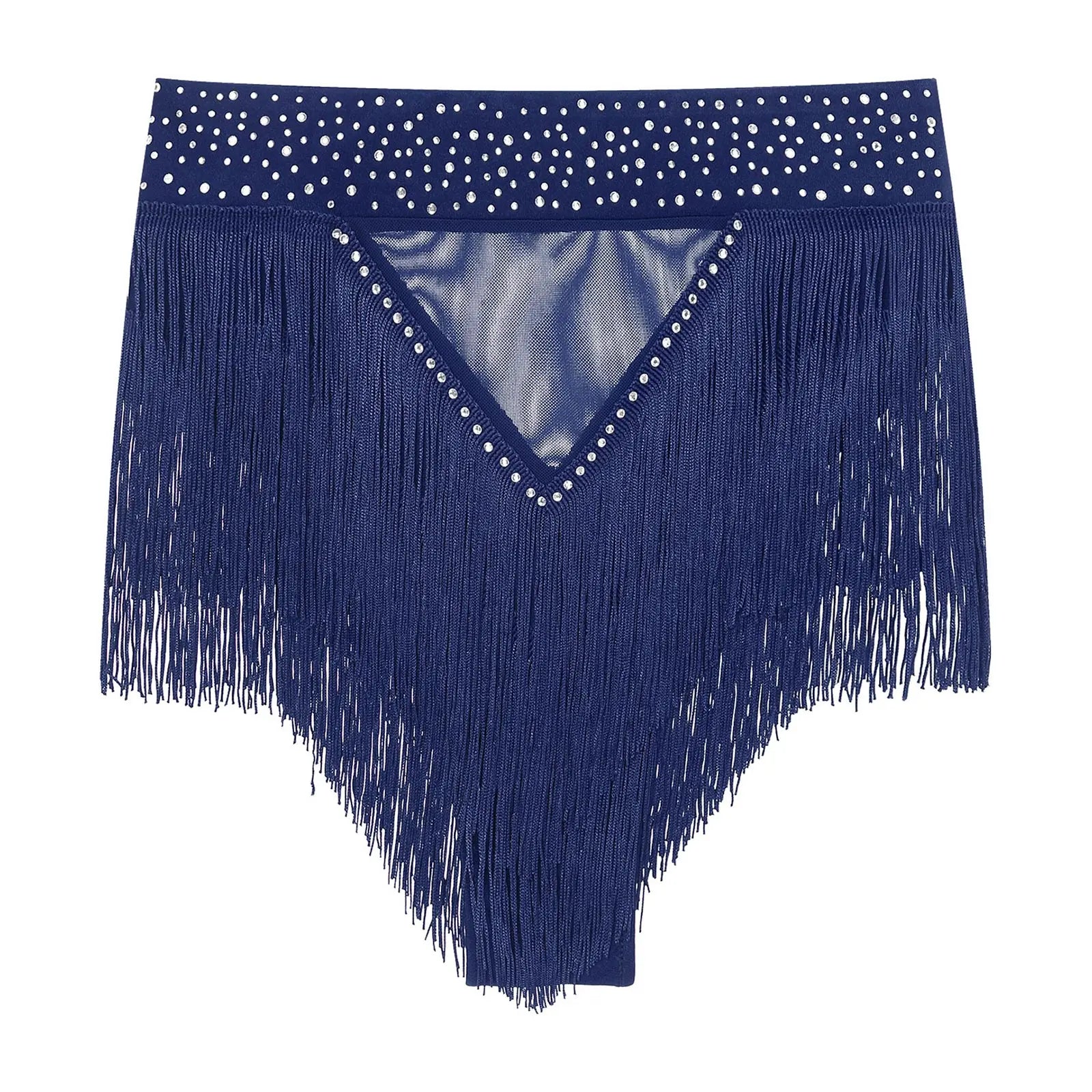 Rhinestone Tassel High-Waist Dance Shorts & Sheer Mesh Fringe Skirt