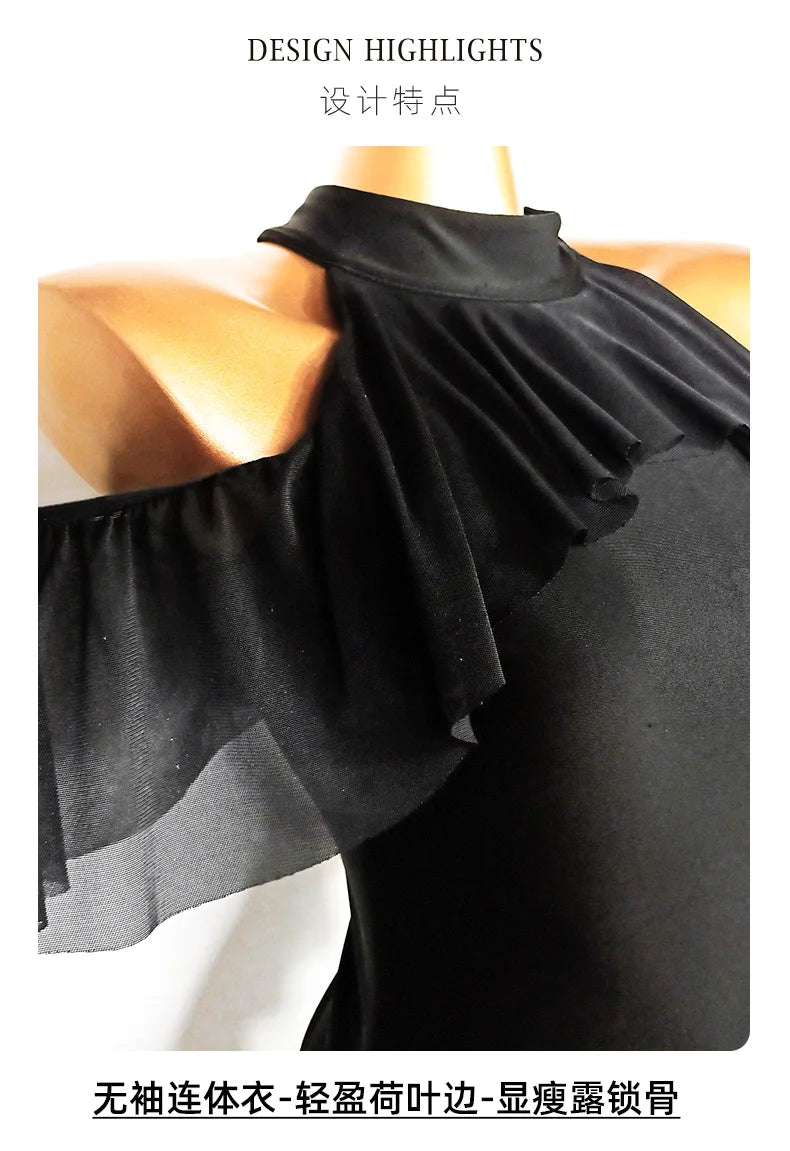 Black High-Neck Short-Sleeve Bodysuit & Gold Fringe Skirt Latin Dance Costume Set