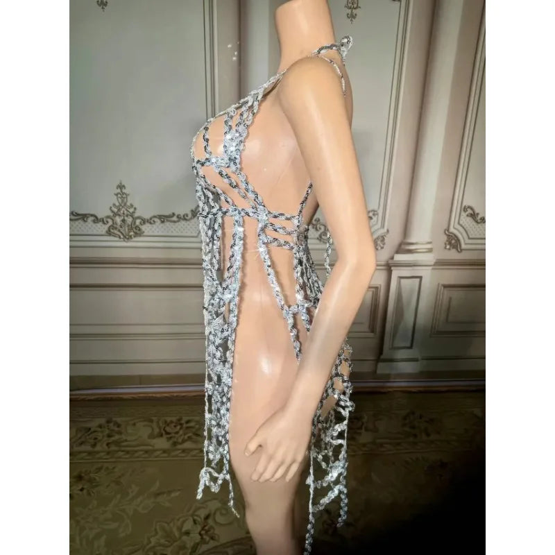 Women's Silver Crystal Rhinestone Mermaid Dress | See-Through Sequin Gown for Prom, Wedding & Party