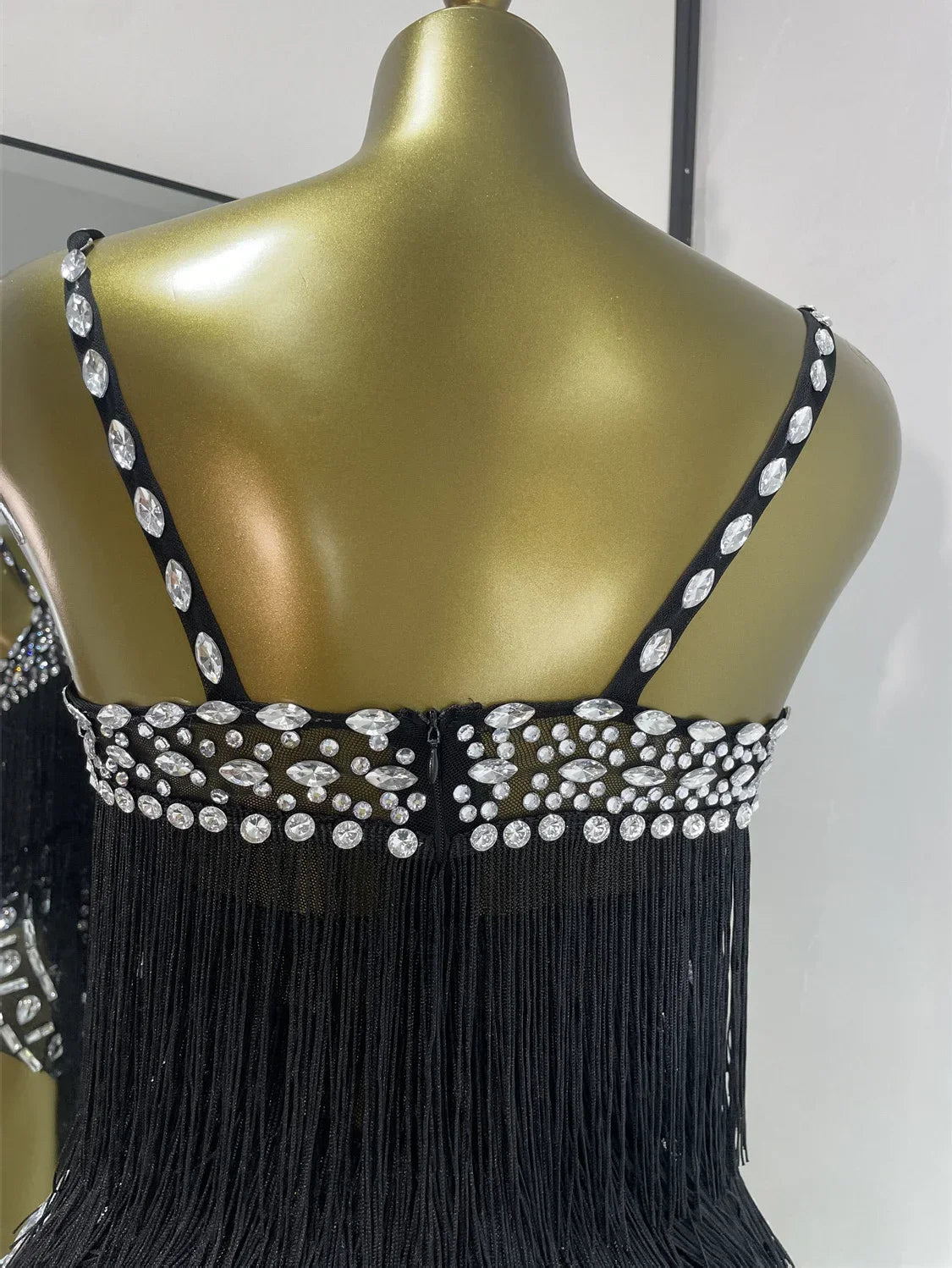 Women Black Bright Rhinestones Tassel Stretchy Mesh Thigh High Leotard Pole Dance Costumes Evening Party Club DJ Gogo Dress